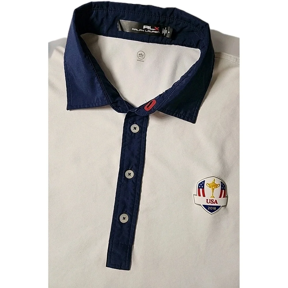RLX Ralph Lauren Men's Medium‎ Polo 2018 Ryder Cup Golf USA Shirt White Ultimate